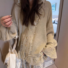 重工韩系慵懒松弛感钩花针织连帽大开衫女薄款羊毛针织衫毛衣