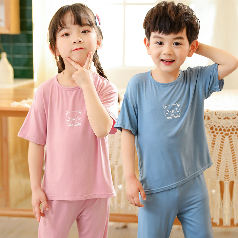 어린이 모달 잠옷 여름 반팔 바지 정장 봄과 여름 얇은 단색 소녀 소년 에어컨 가정복