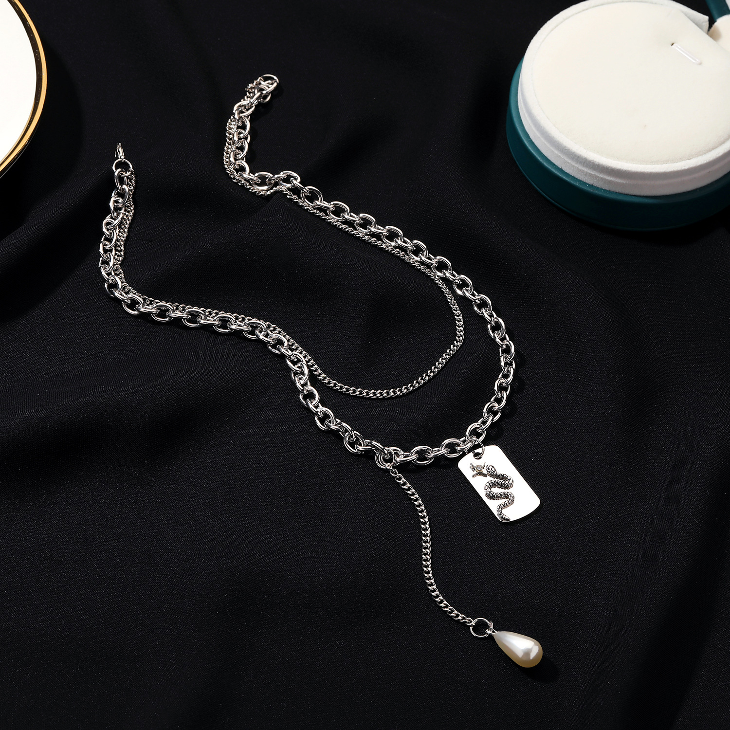 Fashion Double-Layer Water Drop Pearl Snakes Square Pendant Clavicle Chain Necklace