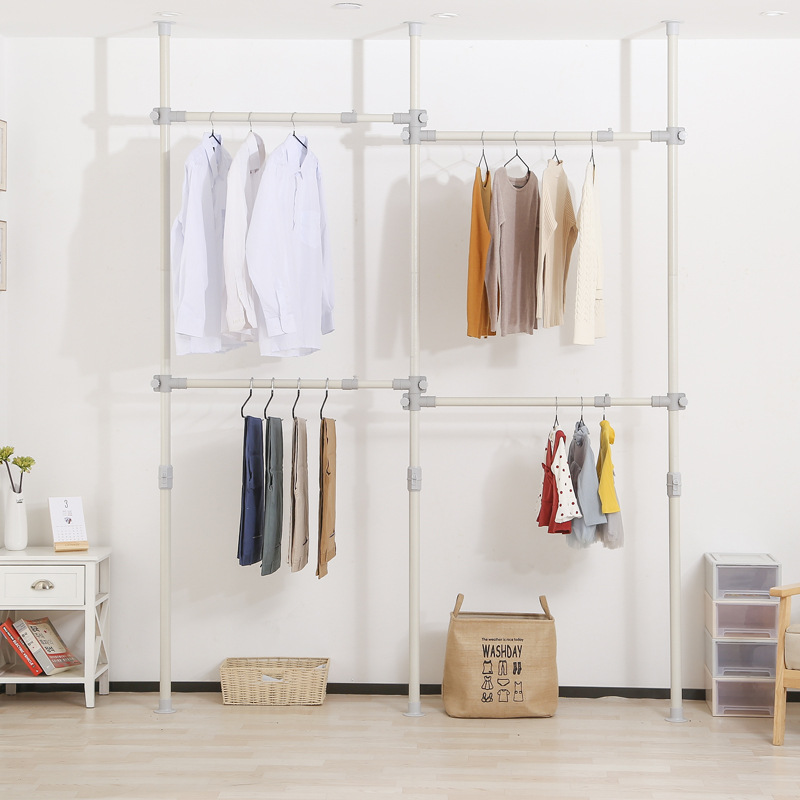 三竖四横顶天立地衣架 铁质38mm粗管喷塑室内阳台收纳晾晒挂衣杆