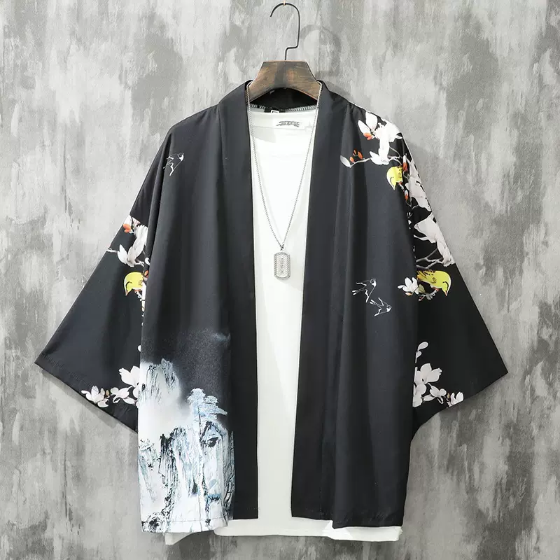 日系夏季浮世绘道袍七分袖中国风复古男薄款bf风热升华男衬衫五分