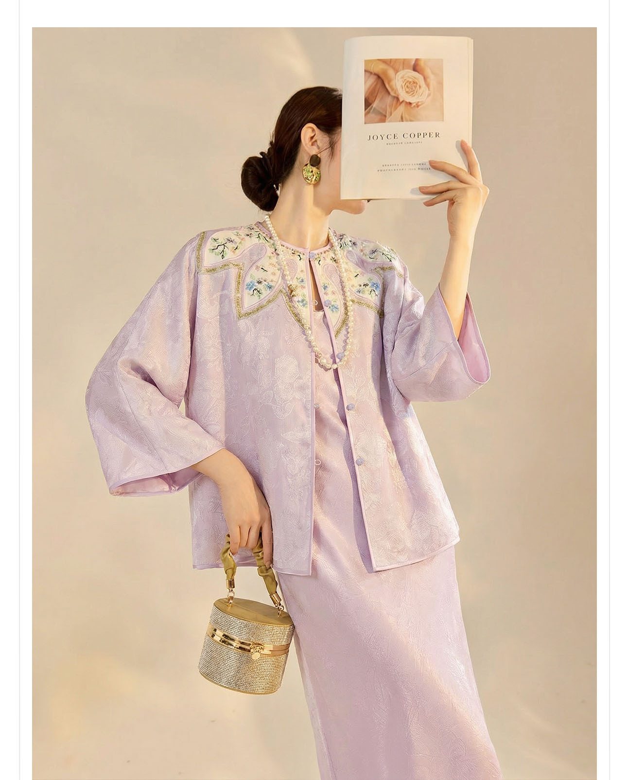 Áo sơ mi nữ thêu hoa kiểu Trung Hoa mới, phong cách cổ điển, nút áo jacquard sang trọng — màu tím nhạt chi tiết 12