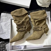现货小众新款复古链条搭扣尖头褶皱堆堆靴女小猫跟翻盖西部牛仔靴