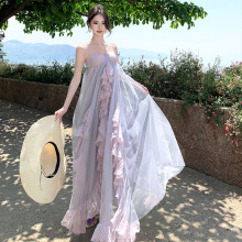 辣妹紫色抹胸礼服裙子女夏荷叶边雪纺沙滩海边度假网纱吊带裙