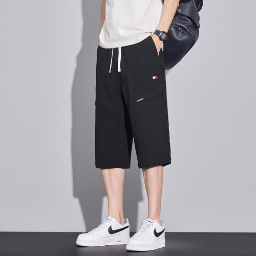 Summer thin straight-leg casual pants for men, elastic versatile business fashion slimming ice silk mid-calf pants for men, five-inch