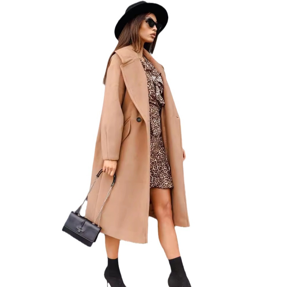 Damenbekleidung Damen langer Windbreaker Anzugkragen Zweireiher langer Winter Wollmantel Damenbekleidung_voghion.com