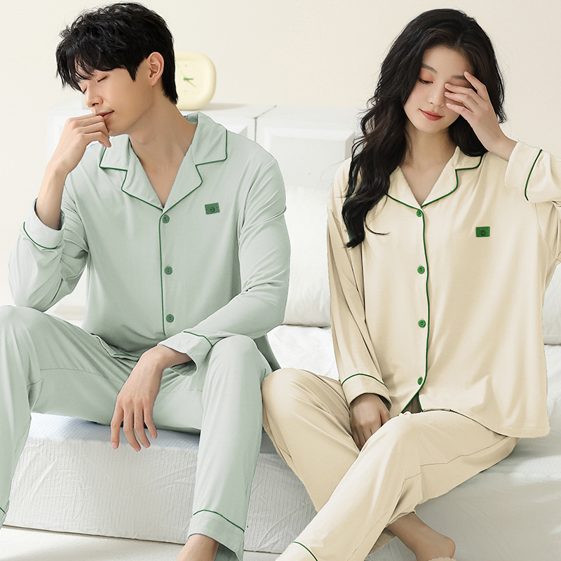 Pajama de pareja de primavera y otoño delgado moda pantalones de manga larga cardigan juvenil simple conjunto de ropa casera casual