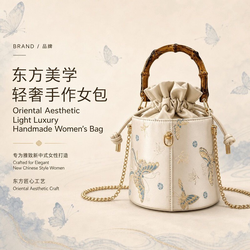 New Chinese-style butterfly embroidery bamboo handle handbag, high aesthetic appeal, popular model, exquisite and simple, portable small bag New Chinese-style butterfly embroidery bamboo handle handbag, high aesthetic appeal, popular model, exquisite and simple, portable small bag
