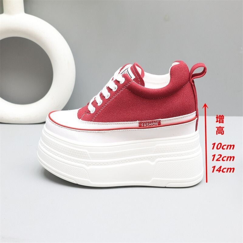Red Wedding Shoes for Petite Women, Thick-Soled White Sneakers, Women's Shoes with 14cm Internal Height Increase, 12cm Casual Sports Shoes, Platform Sneakers