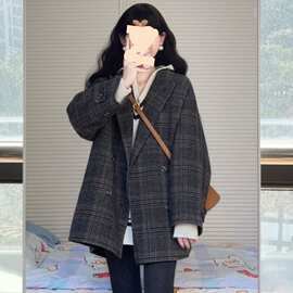 韩系大衣小香风盐系轻熟风格子毛呢外套新款感慵懒韩风衣中长款衣