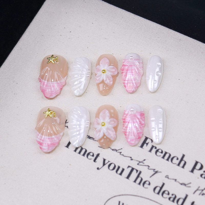 Pure Hand-worn Armor Cross-border Three-dimensional Carved Shell Marine Nail Art Mermaid Patch Removable Fake Nail