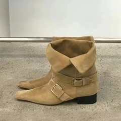 牛皮~绒面复古方头两穿翻折粗跟皮带扣中筒靴女秋冬季马丁靴短靴