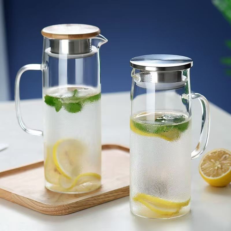 Para la hospitalidad en el hogar, hervidor de agua frío con tapa de bambú, tetera recta con alto contenido de borosilicato, tetera para bebidas frías con jugo, tetera resistente a altas temperaturas