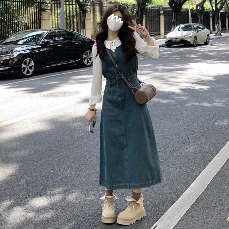 初秋新款女装套装港风感牛仔无袖背心连衣裙收腰白衬衫两件套|undefined
