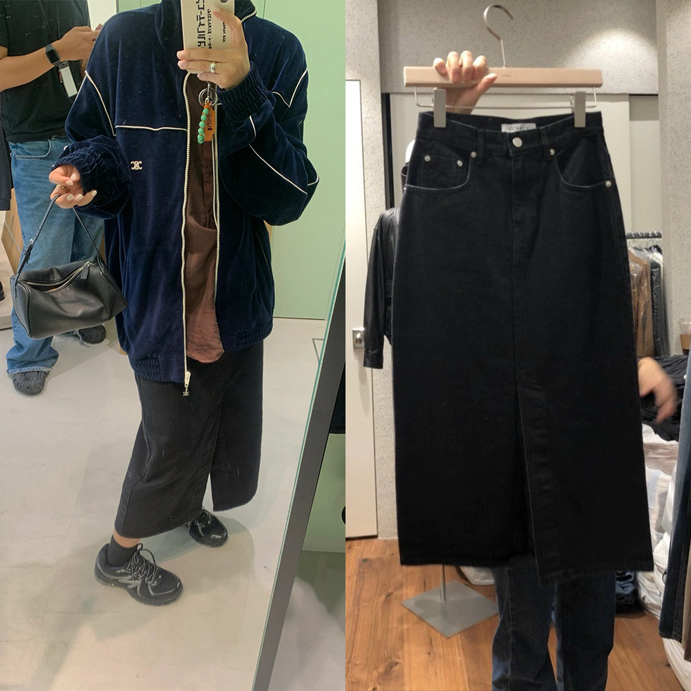 现 2025秋季新款韩国东大门复古高街黑色H型前开叉牛仔半身裙