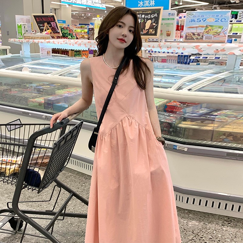 여성을위한 프렌치 도라지 핑크 민소매 조끼 드레스 여름 2025 새로운 스타일 부드러운 스타일 작은 기질 롱 스커트