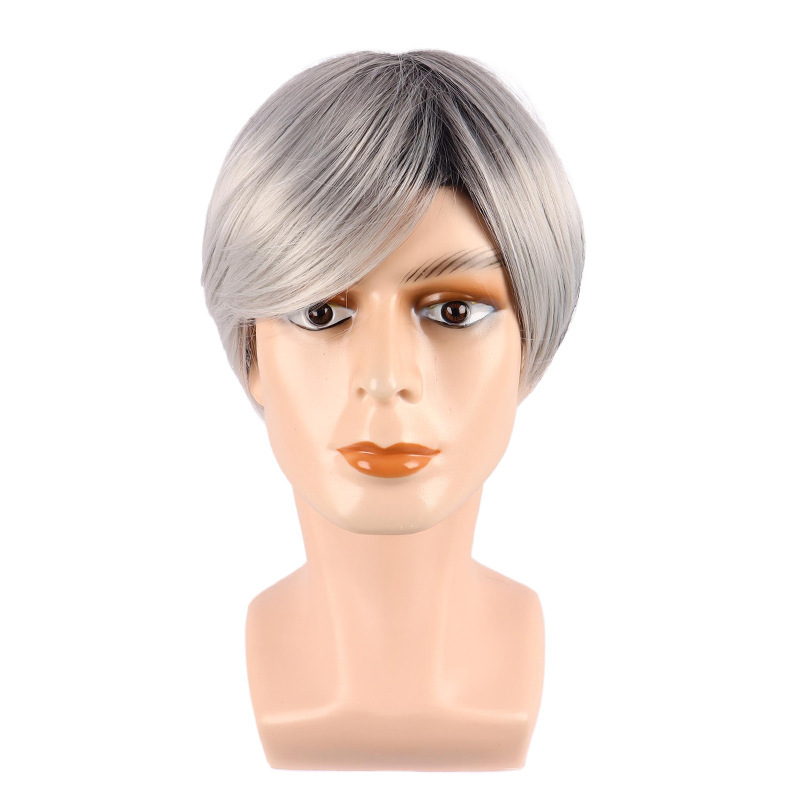 中高年男性向けショートヘアウィッグ グレーパートショートストレートヘア 化学繊維高温シルクヘッドギア メーカー在庫あり|undefined
