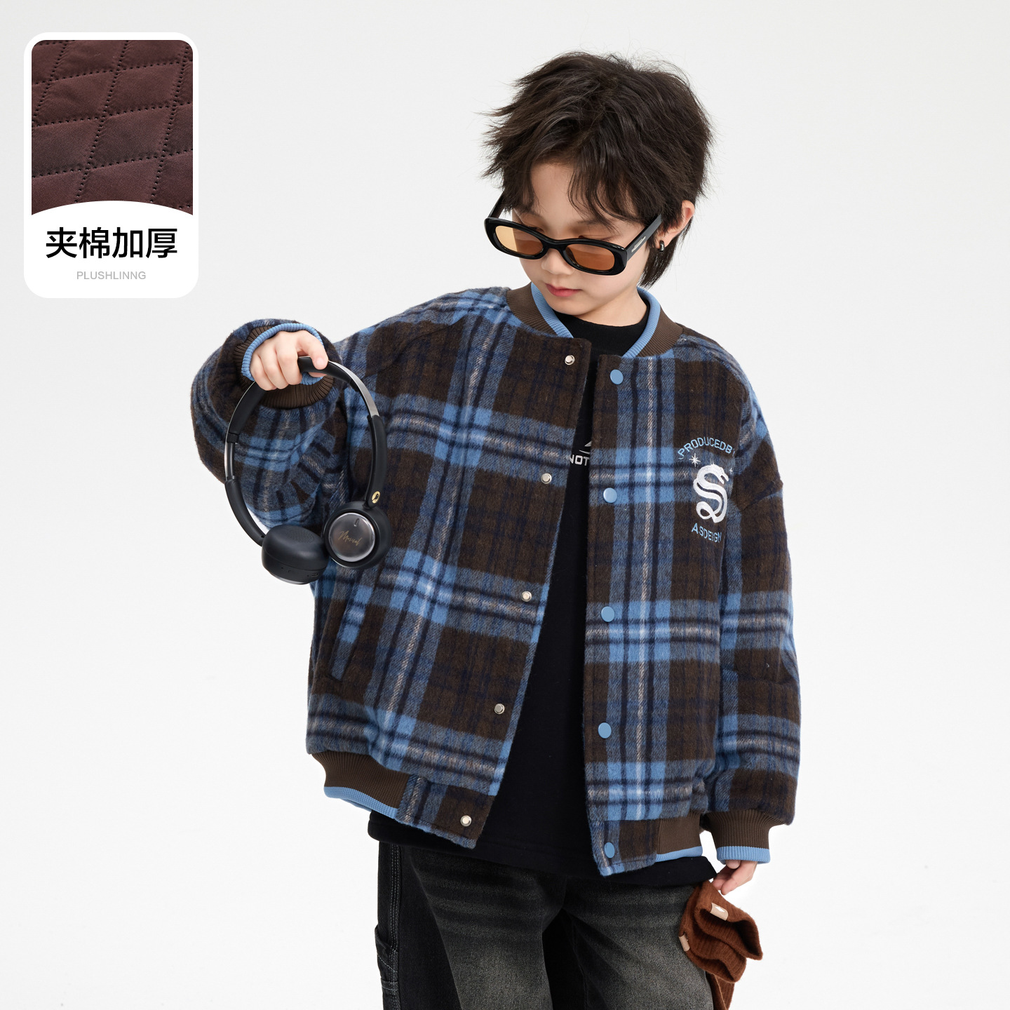 男大童冬季韩范毛呢格子运动棒球棉服2025新款儿童装加厚棉衣外套