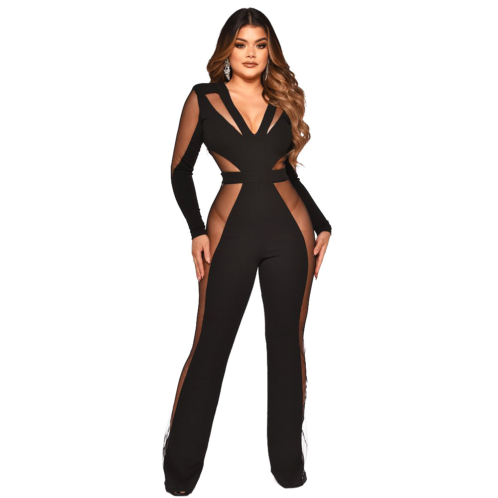 Mamelucos de retazos de malla sexy a la moda para mujer, pantalones acampanados_voghion.com