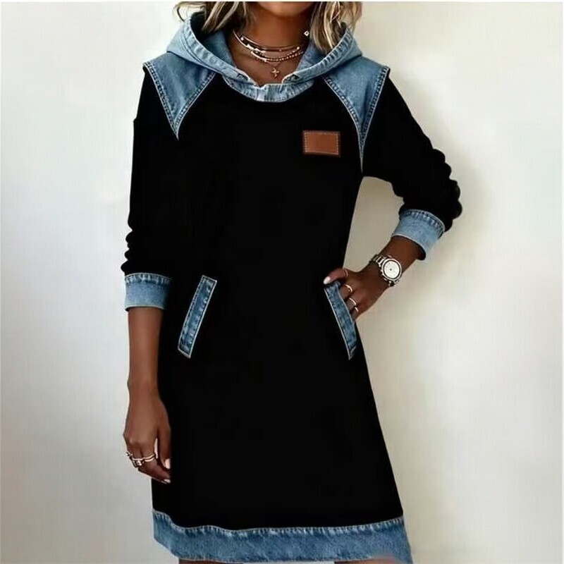 2026 New European and American Cross-Border Patchwork Denim Dress Loose Long-Sleeved Casual Dress Autumn Fashion Style