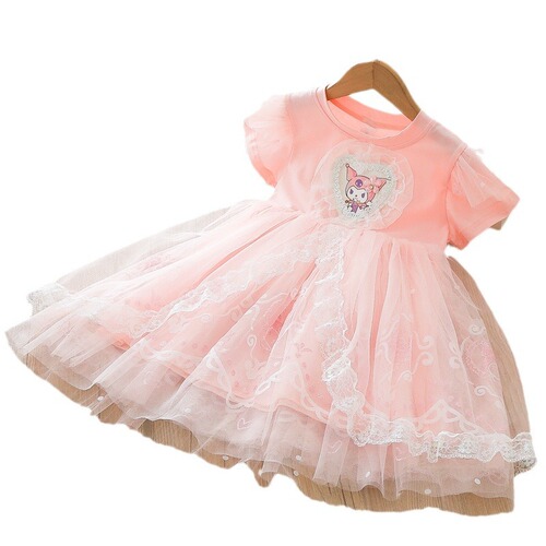 Children's Clothes Girls Kuromi Dress 2024 Summer Short Sleeve Fashionable Lace Princess Dress