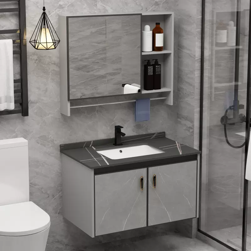 加厚防水防潮浴室柜对开大空间储物镜柜组合岩板一体盆洗手洗脸池