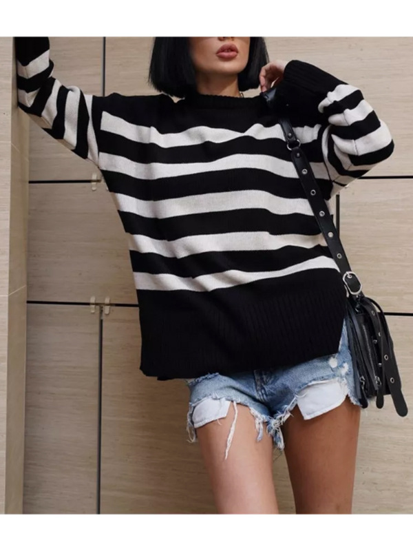 Damen-Strickpullover mit Streifen, Rundhalsausschnitt, langen Ärmeln, lässigem Rippstricksaum und Seitenschlitzen_voghion.com