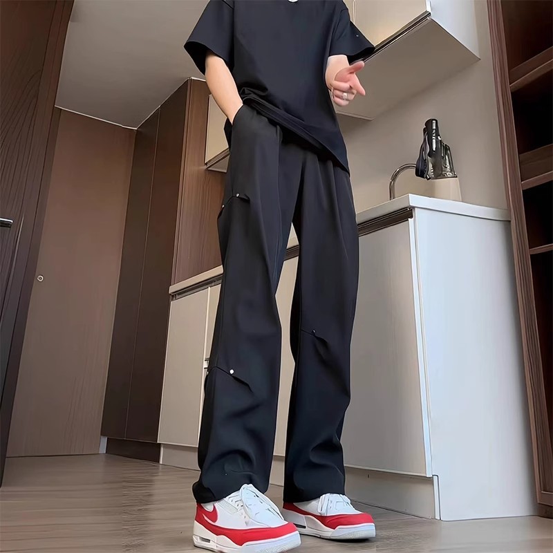 Summer High-End Stylish Ice Silk Men's Casual Versatile Drape American Vibe Rivet Flared Pants