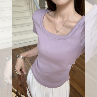 Real Shot Real Price Taro Purple Pure Desire Pleated Square Neck Short-Sleeved T-Shirt Women's Summer New Niche Design Elegant Top