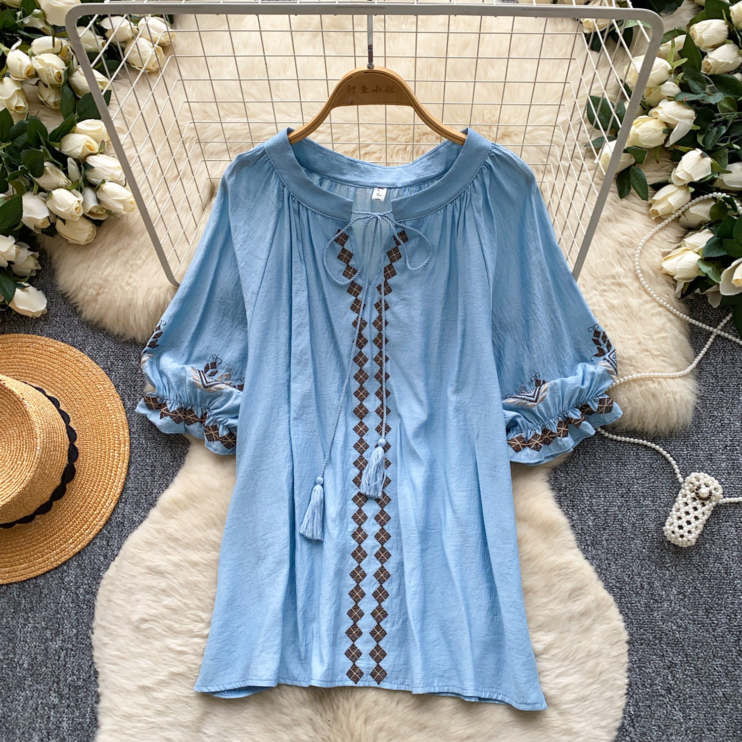 Elegant French Style Blouse for Women Red Embroidered Puff Sleeve Loose Fit Tie Waist Babydoll Top Spring Fashion_ecoleips.com