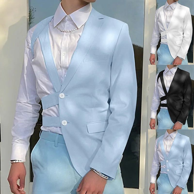 Cross-Border Temu European and American Men's Cross-Tie Hollow-Out Suit-Style Jacket Fashion Runway Style Slim-Fit Suit Wholesale