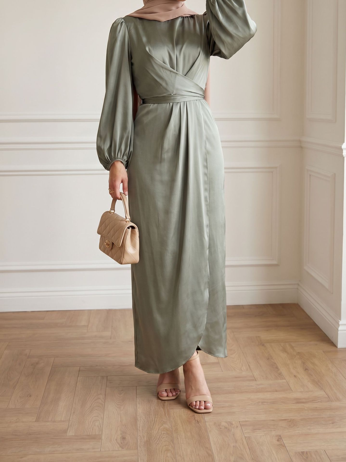 Elegantes Damen Satin Kleid Mit Laternenärmeln Und Bindegürtel_voghion.com