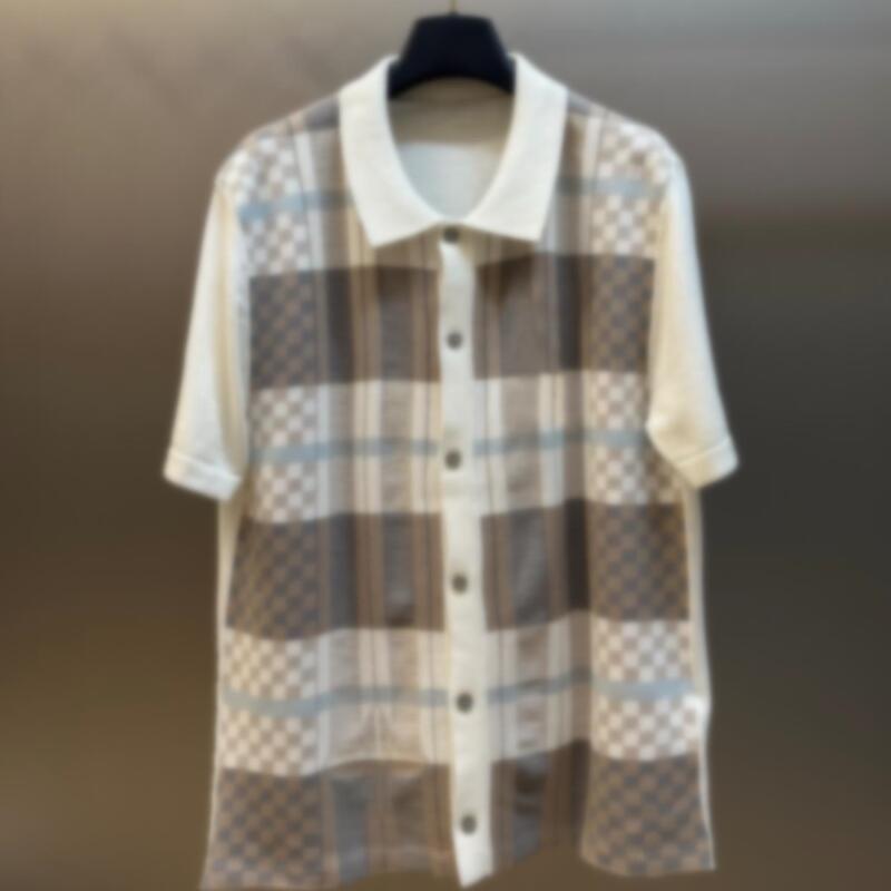 2026 New Summer Fashion Style, Fashionable Plaid Patchwork on the Front, Versatile Loose-Fitting Cardigan, Short-Sleeved Lapel Polo Shirt for Men and Women