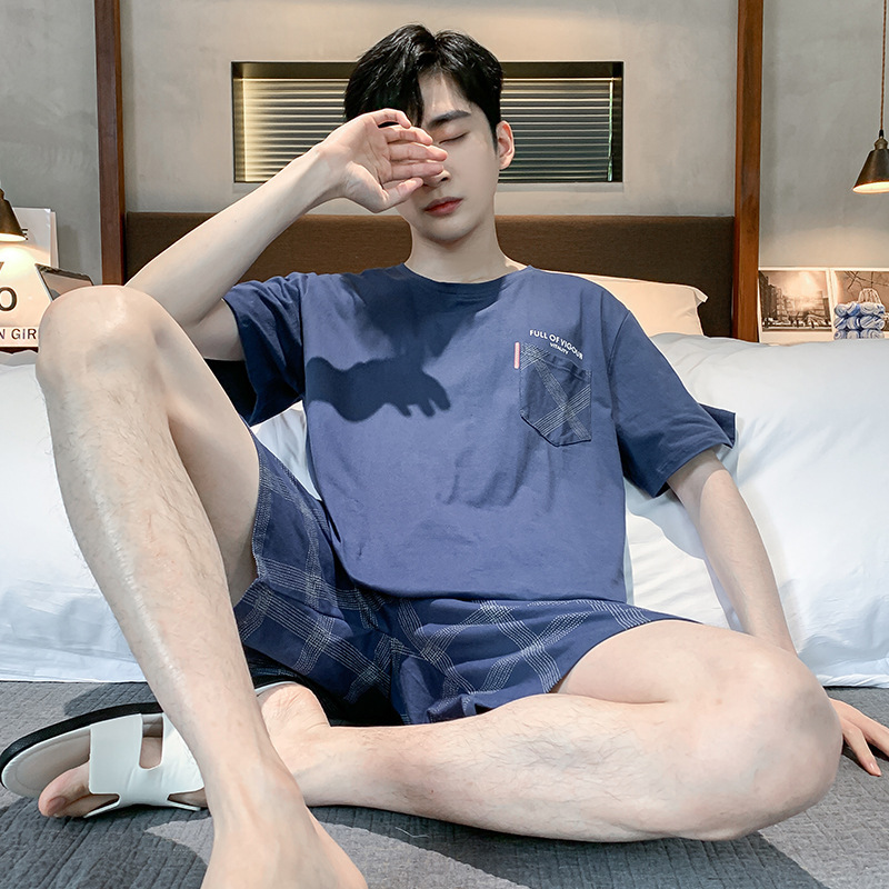パジャマ男の夏の半袖半ズボン綿質青少年中学生スーツ男の家服デブ4XL|undefined