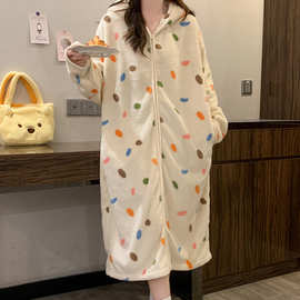 连帽拉链睡袍女中长款半边绒长袖可外穿甜美风可爱简约休闲家居服