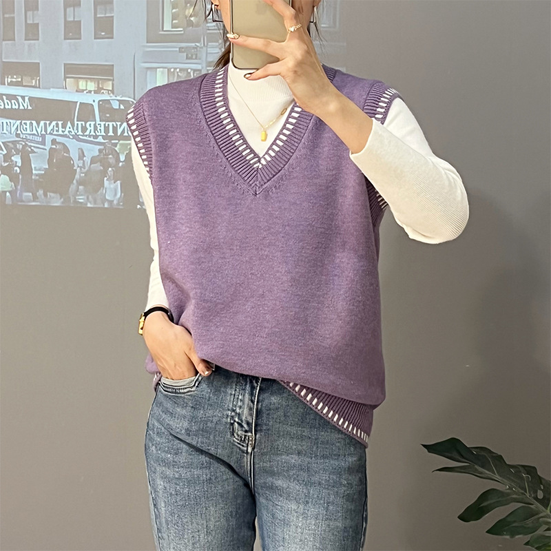 Chaleco de Otoño e Invierno para mujer 2023 nuevo suéter suelto con cuello en V con camisa negra dentro del suéter