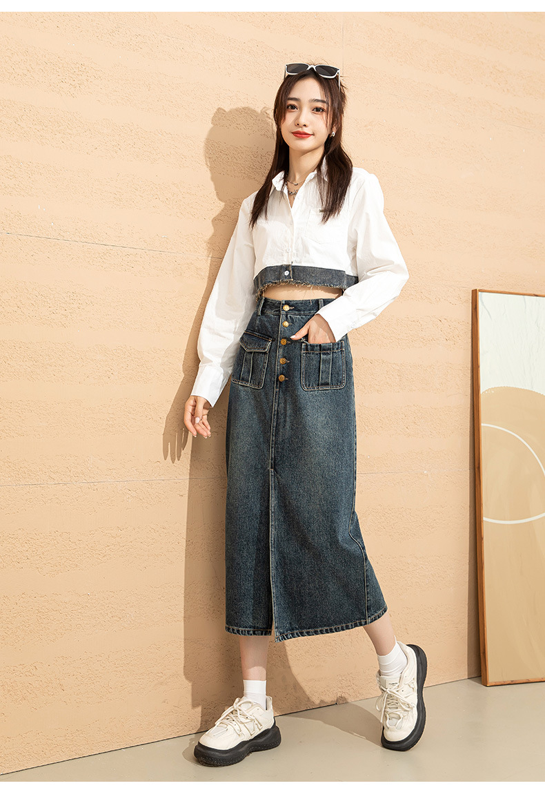 Chân váy denim cạp cao chữ A dáng dài vừa phong cách cổ điển tôn dáng — Màu xanh lam chi tiết 12