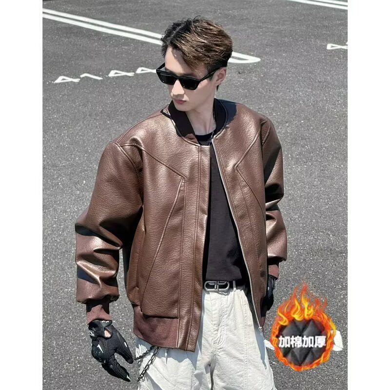 High Street Boxy Silhouette Stand Collar Fleece-Lined Cotton Outwear Men's Autumn and Winter New Bomber Leather Jacket Cotton Outwear Men's Motorcycle Jacket