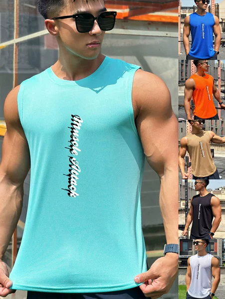 Summer New Trendy Men's Pullover Round Neck Mesh Bottoming Shirt Sports Fitness Top Sleeveless Vest Quick-Drying