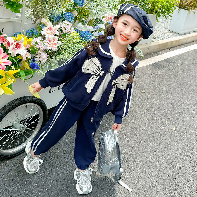 Traje casual de lazo de estilo azul marino para niñas 2024 otoño nuevo estilo para niños chaqueta de bebé de primavera y otoño coreana de dos piezas