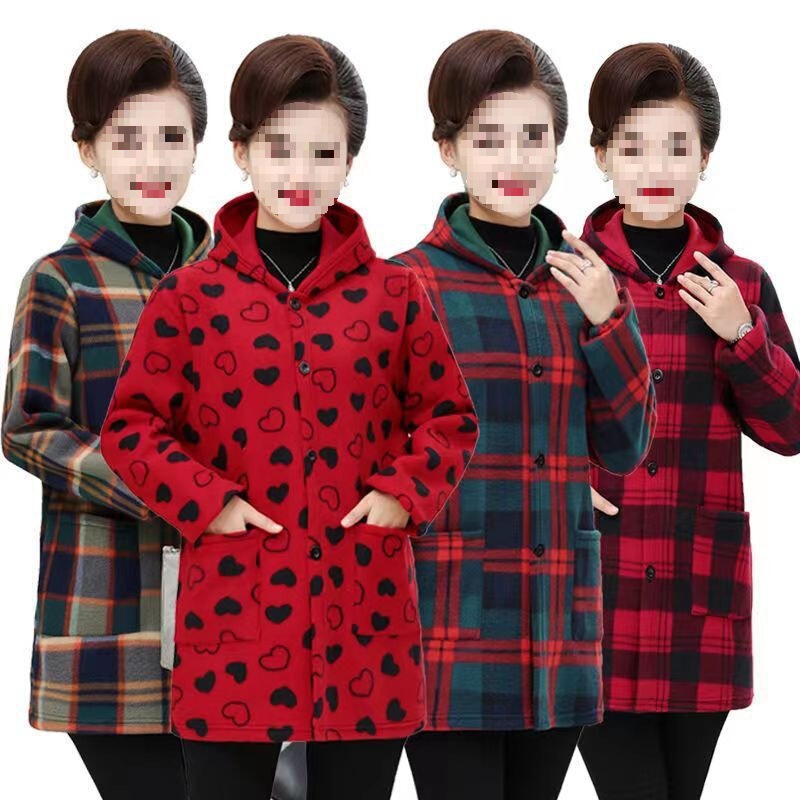 Middle-Aged and Elderly Women's Autumn and Winter Clothing Plus Size Smocks Mother's Clothing Fleece-Lined Thickeneded Outwears Mid-Length Work Smocks