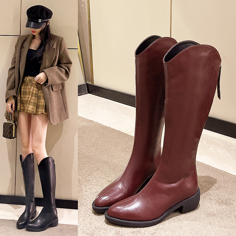 长筒靴女秋冬英伦风长靴2024高筒靴V口西部牛仔靴百搭骑士靴