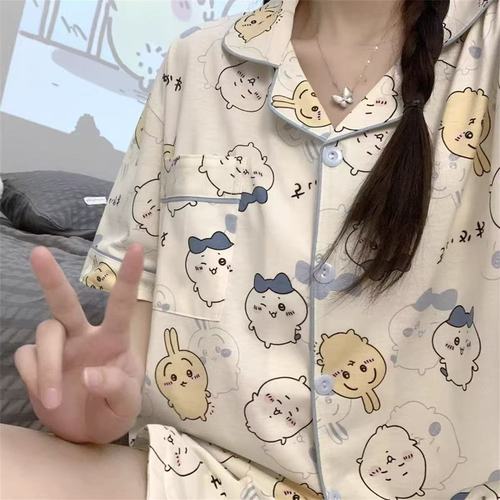 Ji Kawau Saqi pajamas for women in spring and summer cardigan short-sleeved student loose large-size summer Xiaoba home clothes