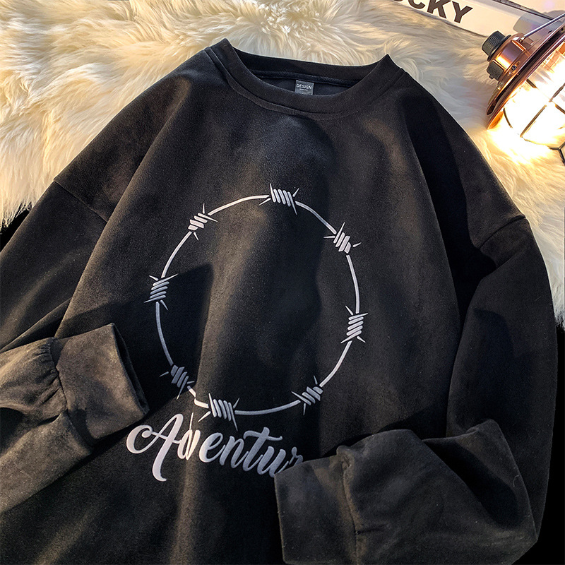 Suede estilo americano de manga larga pesada camiseta de los hombres de la marca de moda de otoño suelta camiseta superior primavera y otoño suéter