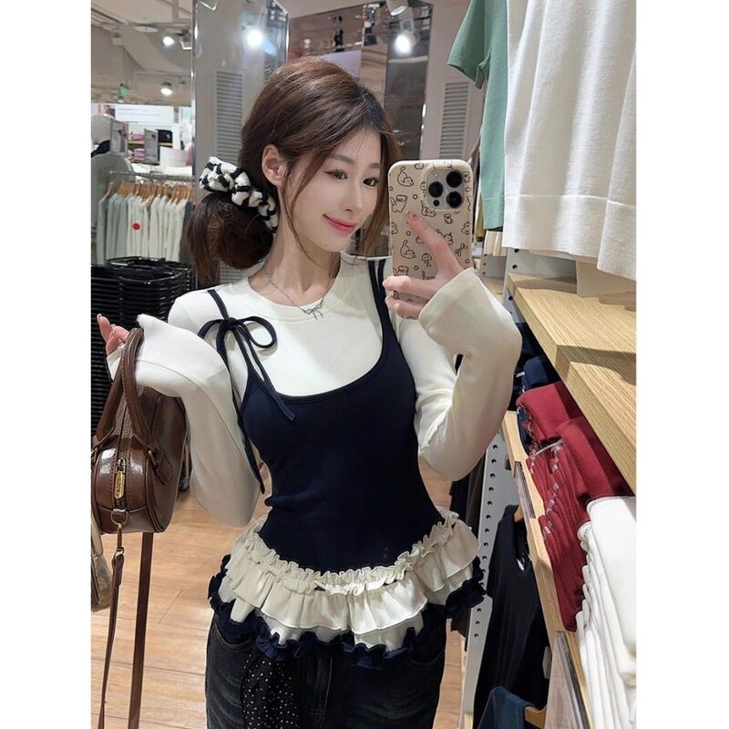 Lace Design Sense Long-sleeved Knitwear Women's Spring chubby girl Slimming Inner Base Shirt Fake Two-piece Vest Top