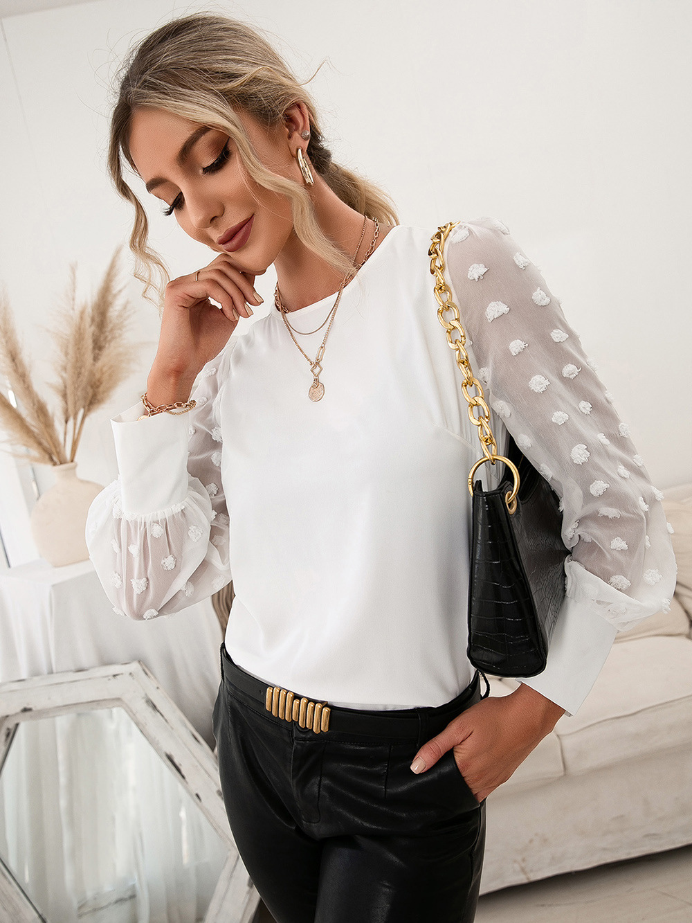 round neck solid color jacquard dot long-sleeved stitching top NSYBL136710