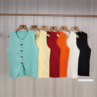 Season New French Style Sleeveless Knitted Vest Top Women's Outer Wear Slimming Color Button Knitted Shirt Stacked Outer Wear