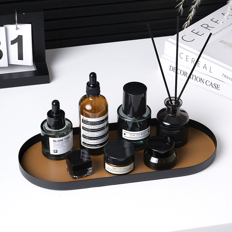 Ornamentación de metal creativa bandeja de decoración de escritorio bandeja de almacenamiento puerta de entrada bandeja de almacenamiento de cuero oblonga