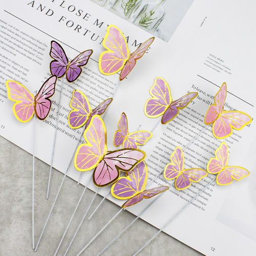 Beautiful ins style hot gold edge paper three-dimensional pink purple wire butterfly baking cake decoration ornaments plug-in