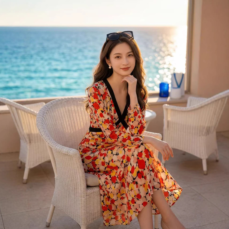 Rixo Colorful Floral Print V-Neck French Seaside Short-Sleeved Resort-Style Dress